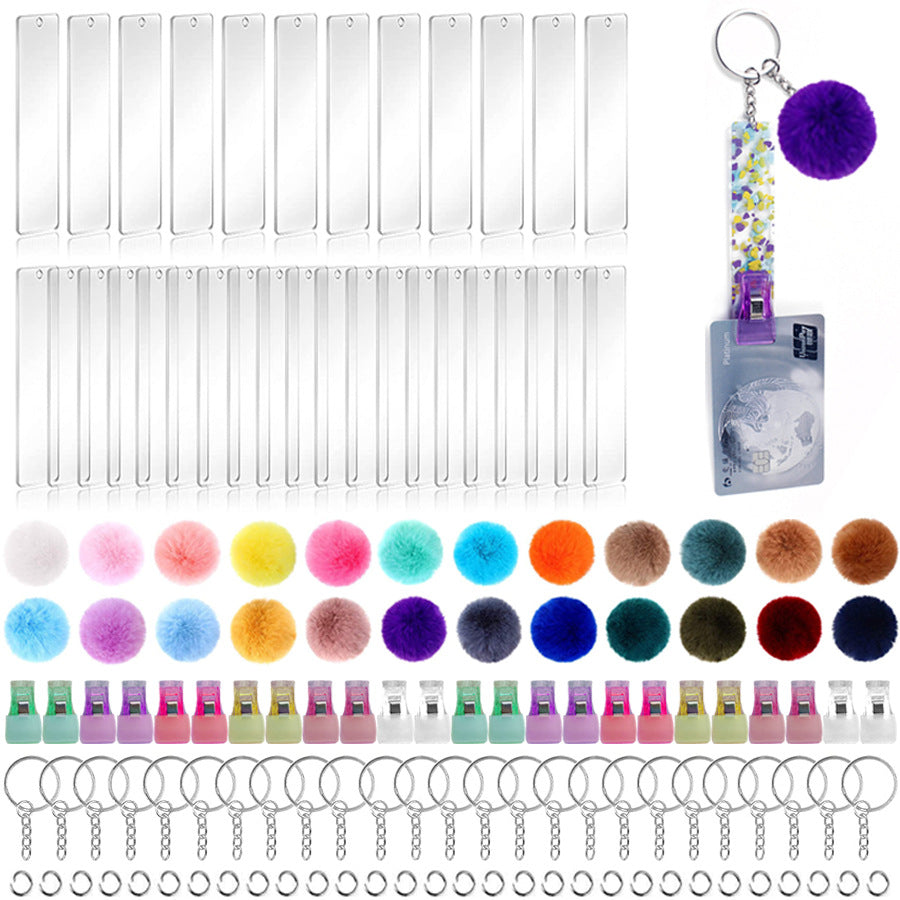 Venta al por mayor acrílico transferencia de calor imprimible DIY hecho en casa lector de tarjetas de cajero automático juego de llavero de bola de pelo